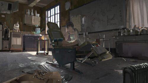 Anime Girl Sitting in Abandoned Medical Laboratory Desktop Wallpaper