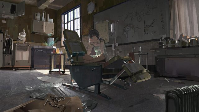 Anime Girl Sitting in Abandoned Medical Laboratory Desktop Wallpaper