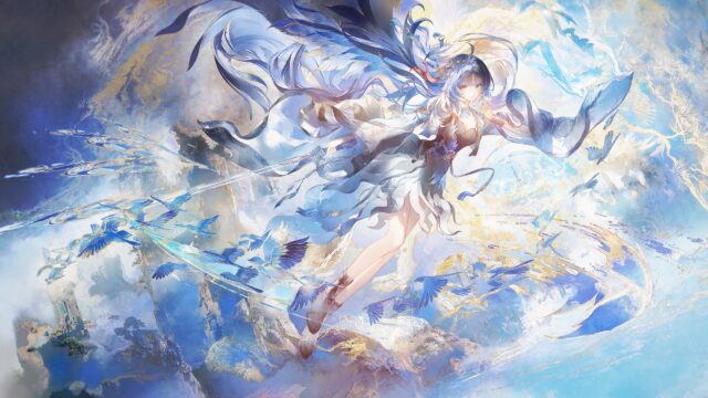 Ethereal Anime Girl with Flowing Blue Attire and Birds 4K PC Wallpaper