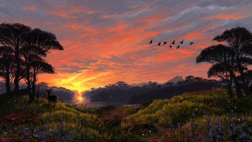 Stunning Sunset Landscape with Silhouette Trees and Flying Birds Desktop Wallpaper