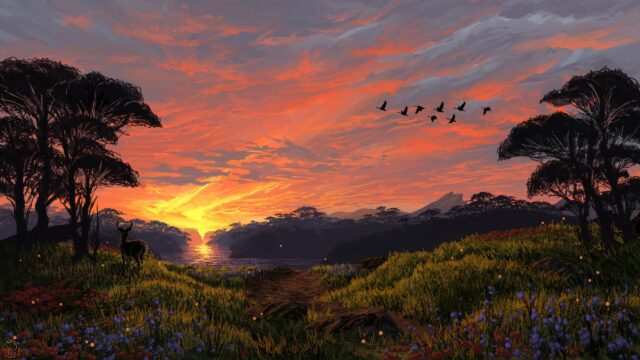 Stunning Sunset Landscape with Silhouette Trees and Flying Birds Desktop Wallpaper