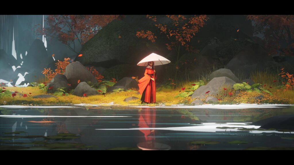 Stunning Anime Girl in Red Kimono with Umbrellas by Lake 4K Wallpaper