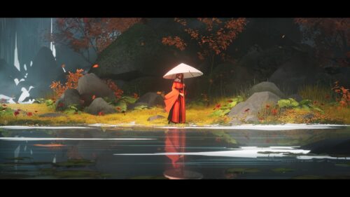 Stunning Anime Girl in Red Kimono with Umbrellas by Lake 4K Wallpaper