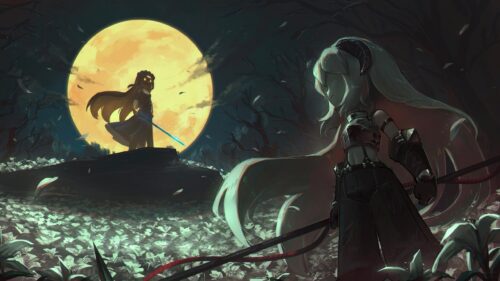 Anime Warrior Duel Under Full Moon Fantasy PC Wallpaper