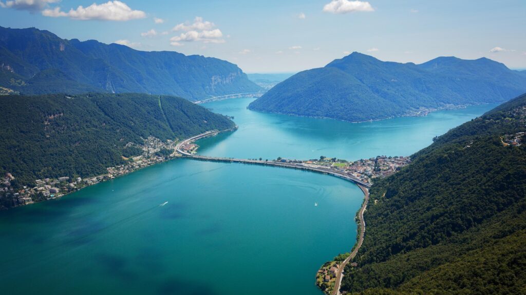Breathtaking Aerial View of Lake Lugano and Swiss Mountains PC Wallpaper