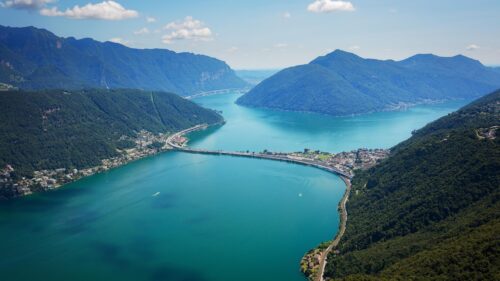Breathtaking Aerial View of Lake Lugano and Swiss Mountains PC Wallpaper