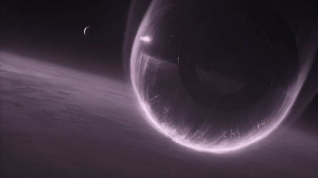 Minimalist Dark Space Sphere and Distant Moon PC Wallpaper
