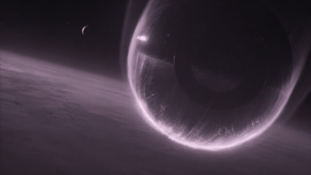 Minimalist Dark Space Sphere and Distant Moon PC Wallpaper
