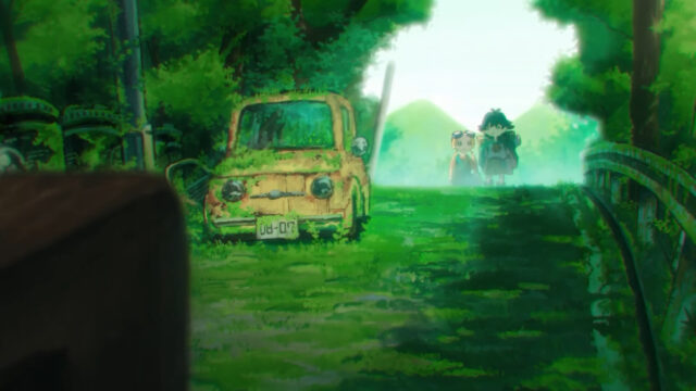 Anime Adventure Through Lush Overgrown Forest with Abandoned Car PC Wallpaper