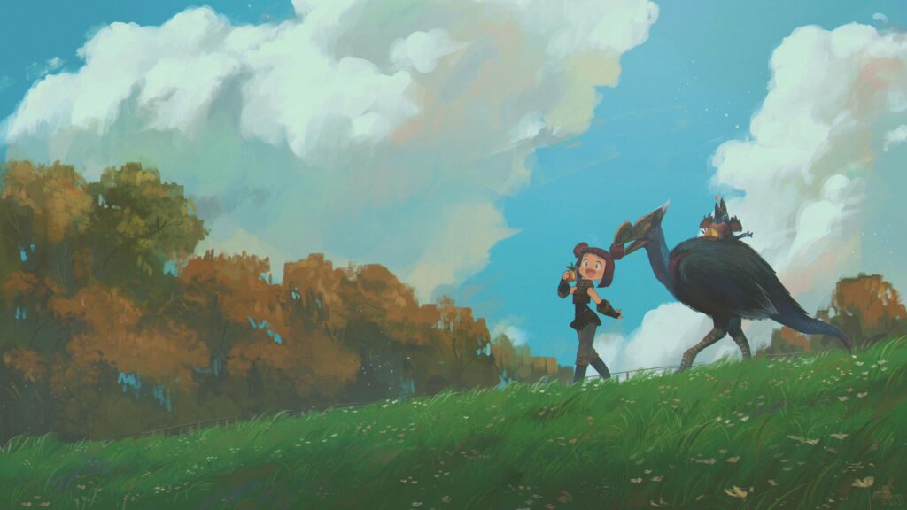 Anime Girl Walking with Fantasy Raptor Dinosaur PC Wallpaper