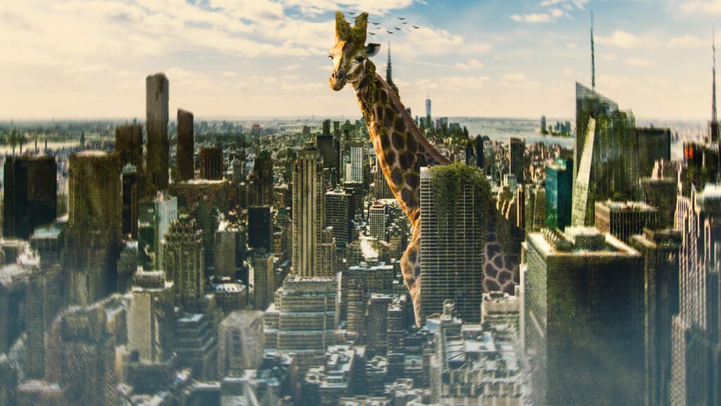 Surreal Giant Giraffe Overgrown in Modern City Skyline 4K Wallpaper