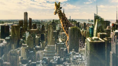 Surreal Giant Giraffe Overgrown in Modern City Skyline 4K Wallpaper