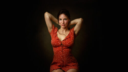 Stunning Brunette Woman in Red Floral Dress Portrait PC Wallpaper