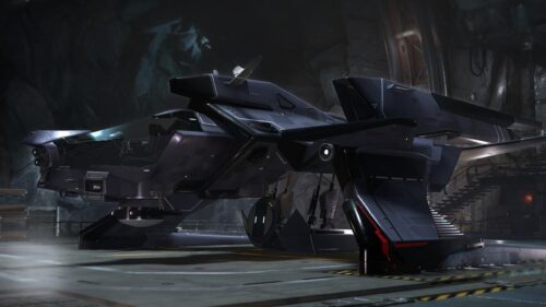 Stealth Sci-Fi Spaceship inside Dark Industrial Hangar Desktop Wallpaper
