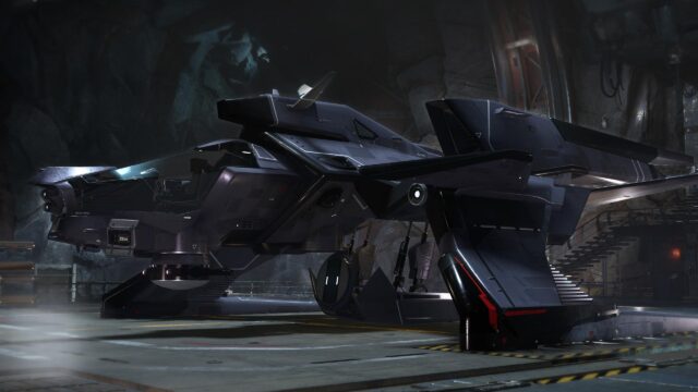 Stealth Sci-Fi Spaceship inside Dark Industrial Hangar Desktop Wallpaper