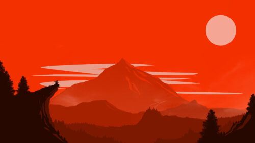 Minimalist Red Mountain Landscape with Silhouette Wanderer 4K Wallpaper