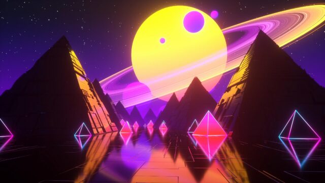 Neon Synthwave Pyramid Landscape with Giant Saturn Planets 4K Wallpaper
