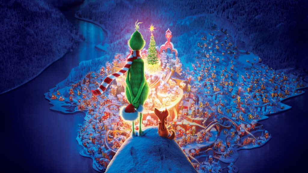 The Grinch and Max Looking Over Whoville Christmas City 4K Wallpaper