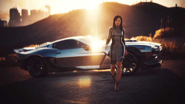 Elegant Woman Walking Past Futuristic Sports Car in Desert Sunset 4K Wallpaper