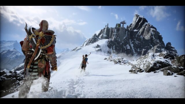 Kratos and Atreus Climbing the Snowy Mountain God of War PC Wallpaper