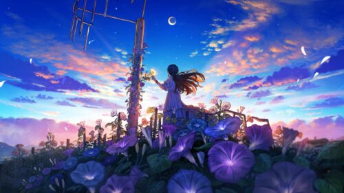 Anime Girl Standing in a Field of Purple Morning Glory Flowers at Sunset PC Wallpaper