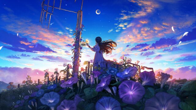 Anime Girl Standing in a Field of Purple Morning Glory Flowers at Sunset PC Wallpaper