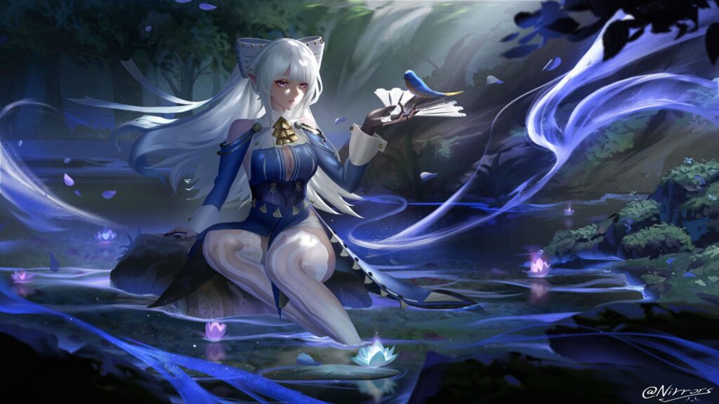 Beautiful Anime Girl with White Hair and Blue Fantasy Forest 4K Wallpaper