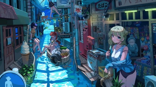 Anime Girls in Flooded Retro Japanese Street Digital Art 4K Wallpaper