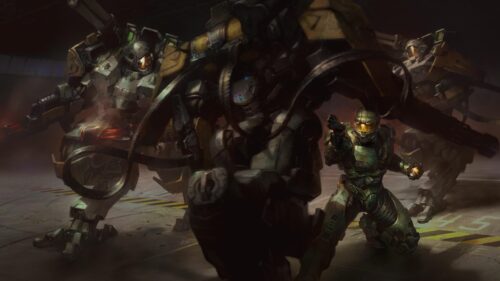 Master Chief and Spartan Mech Suit Battalion Battle Scene 4K Wallpaper