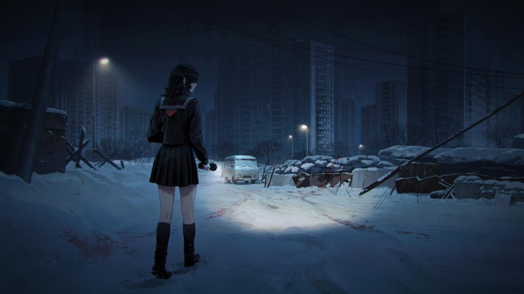 Anime Girl Exploring Snowy Post-Apocalyptic City at Night 4K Wallpaper