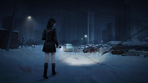 Anime Girl Exploring Snowy Post-Apocalyptic City at Night 4K Wallpaper