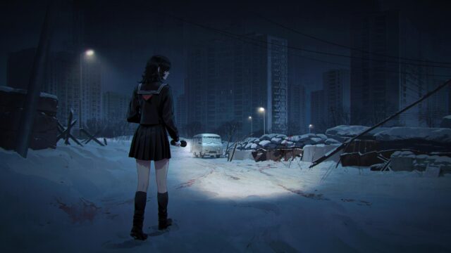 Anime Girl Exploring Snowy Post-Apocalyptic City at Night 4K Wallpaper