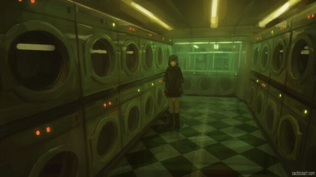 Anime Girl in Green Lit Laundromat Aesthetic PC Wallpaper