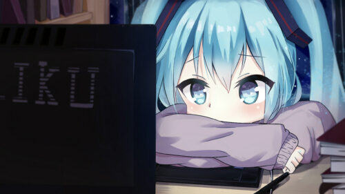 Cute Anime Girl Hatsune Miku Working on Digital Tablet PC Wallpaper
