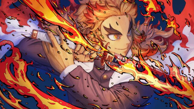 Kyojuro Rengoku Flaming Sword Demon Slayer 4K PC Wallpaper