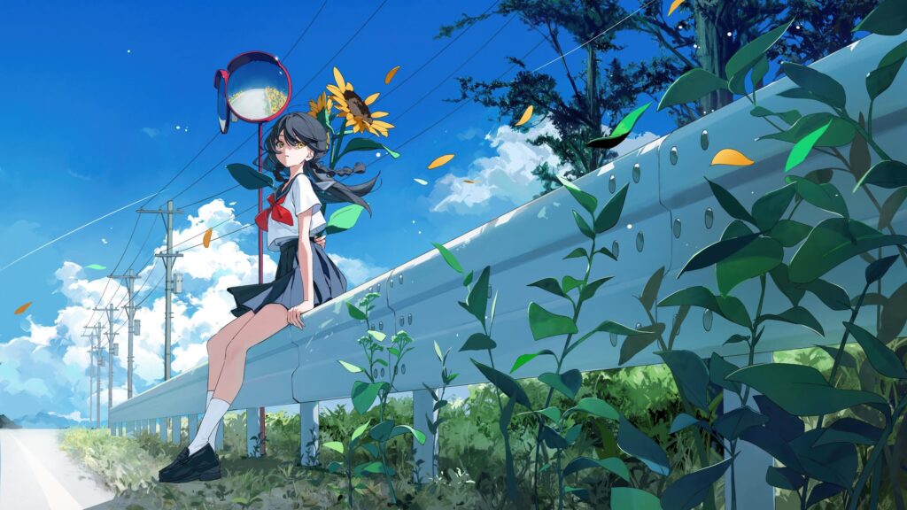 Anime School Girl Sitting on Roadside Railing with Sunflowers Desktop Wallpaper