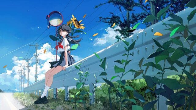 Anime School Girl Sitting on Roadside Railing with Sunflowers Desktop Wallpaper