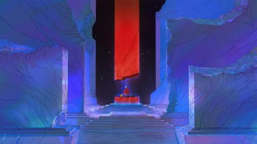 Surreal Sci-Fi Temple with Glowing Red Monolith and Character PC Wallpaper
