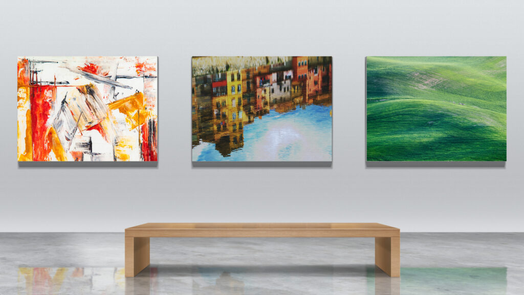 Modern Art Gallery Interior with Abstract and Landscape Paintings 4K Wallpaper