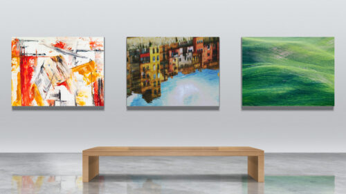 Modern Art Gallery Interior with Abstract and Landscape Paintings 4K Wallpaper