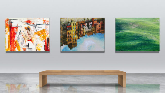Modern Art Gallery Interior with Abstract and Landscape Paintings 4K Wallpaper