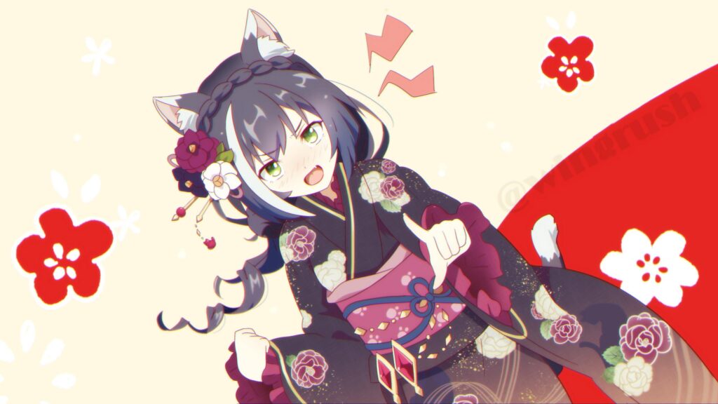 Cute Anime Cat Girl in Traditional Kimono Floral Art PC Wallpaper