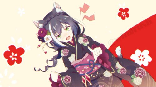 Cute Anime Cat Girl in Traditional Kimono Floral Art PC Wallpaper