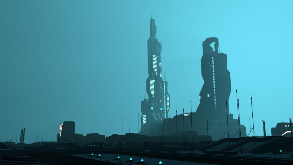 Futuristic Sci-Fi City Skyline with Teal Atmosphere Desktop Wallpaper