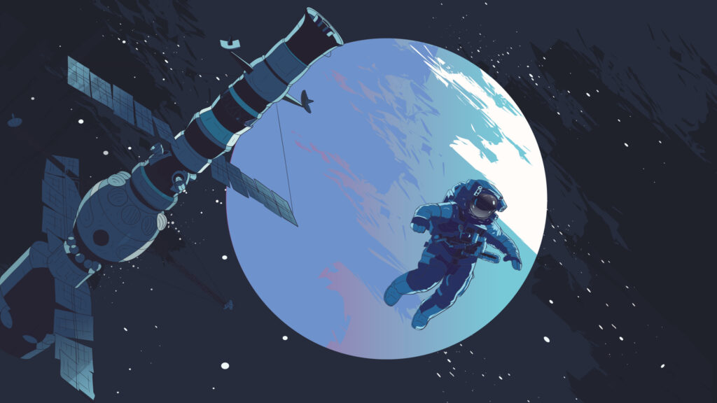 Astronaut Floating Near Space Station with Blue Planet Desktop Wallpaper