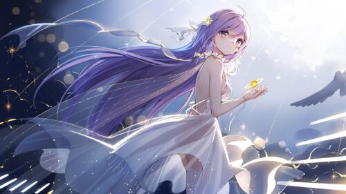 Stunning Anime Girl with Long Purple Hair in White Dress 4K Wallpaper