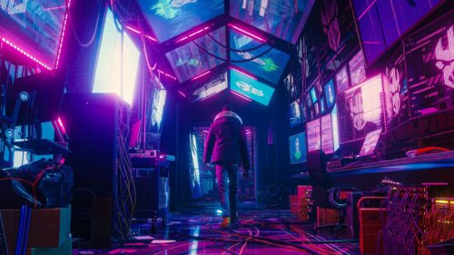 Hacker in Neon Cyberpunk Control Room 4K Desktop Wallpaper