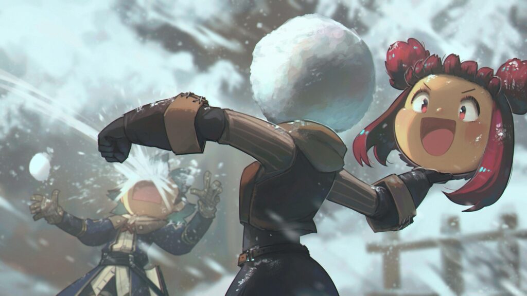 Anime Girl Snowball Fight Fun Winter Scene 4K Wallpaper