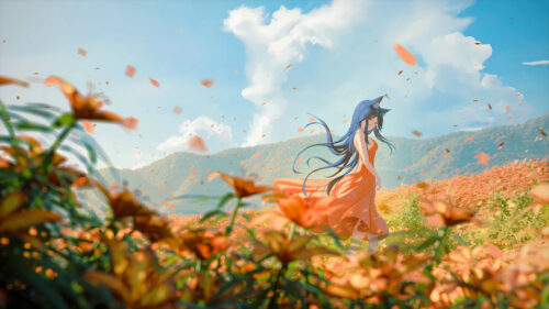 Anime Girl in Orange Dress Amidst a Vibrant Flower Field 4K Desktop Wallpaper