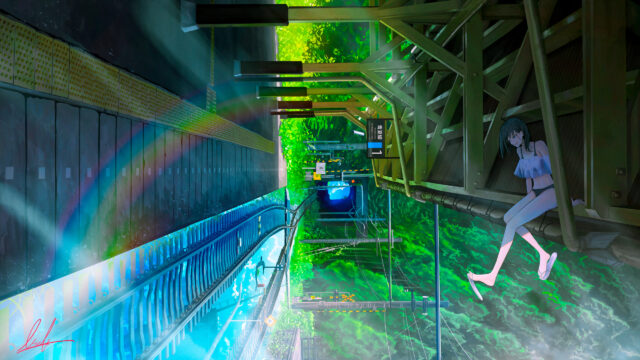 Anime Girl Sitting Under Railway Bridge Surreal Landscape PC Wallpaper